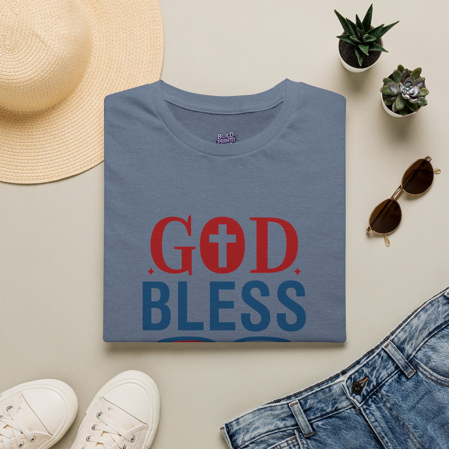 God Bless America T-Shirt — Patriotic Christian Tee with Cross & Flag Graphics - Bold Printed Tees