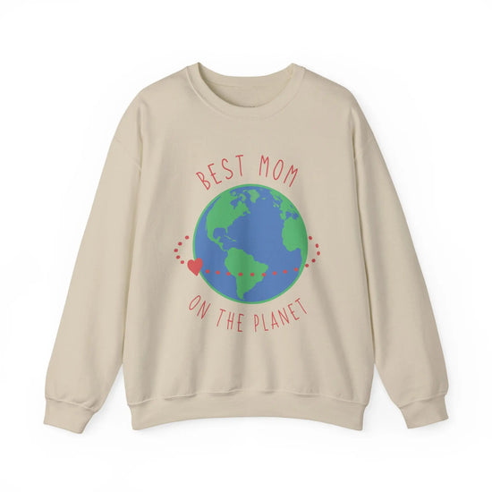 Best Mom in the World Crewneck Sweatshirt Cozy Mother’s Gift, Heartfelt Globe Design - Bold Printed Tees