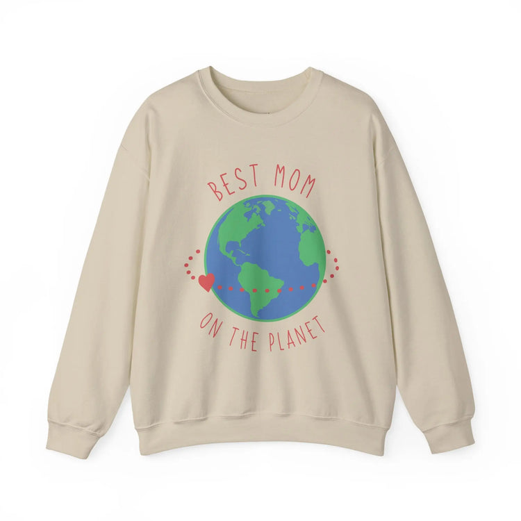 Best Mom in the World Crewneck Sweatshirt Cozy Mother’s Gift, Heartfelt Globe Design - Bold Printed Tees