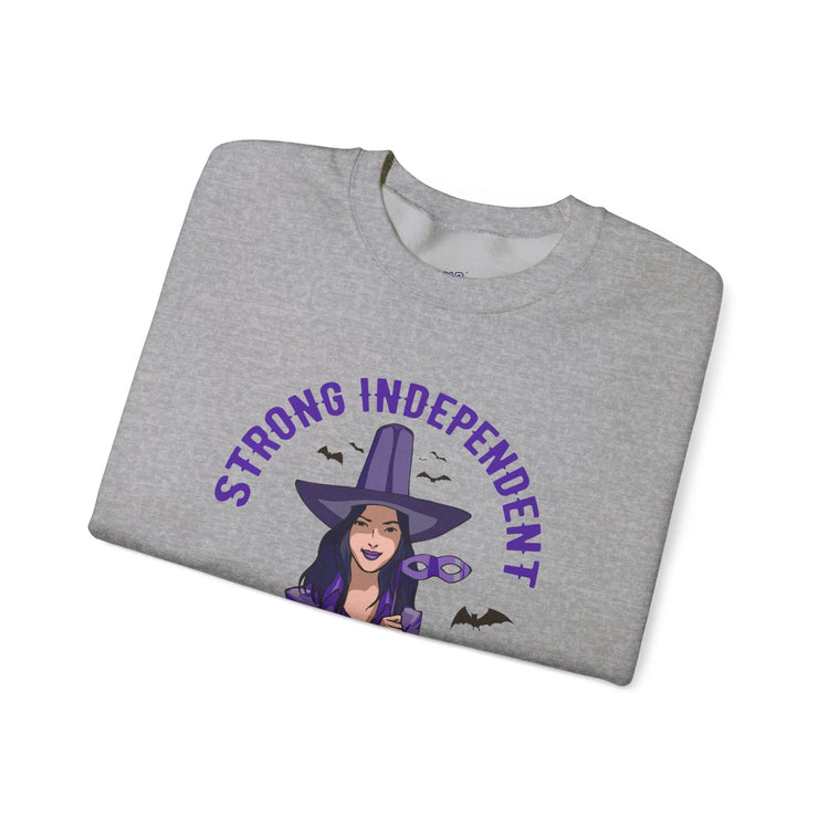 Strong Independent Witch Crewneck Sweatshirt | Halloween Cozy Graphic Pullover - Bold Printed Tees