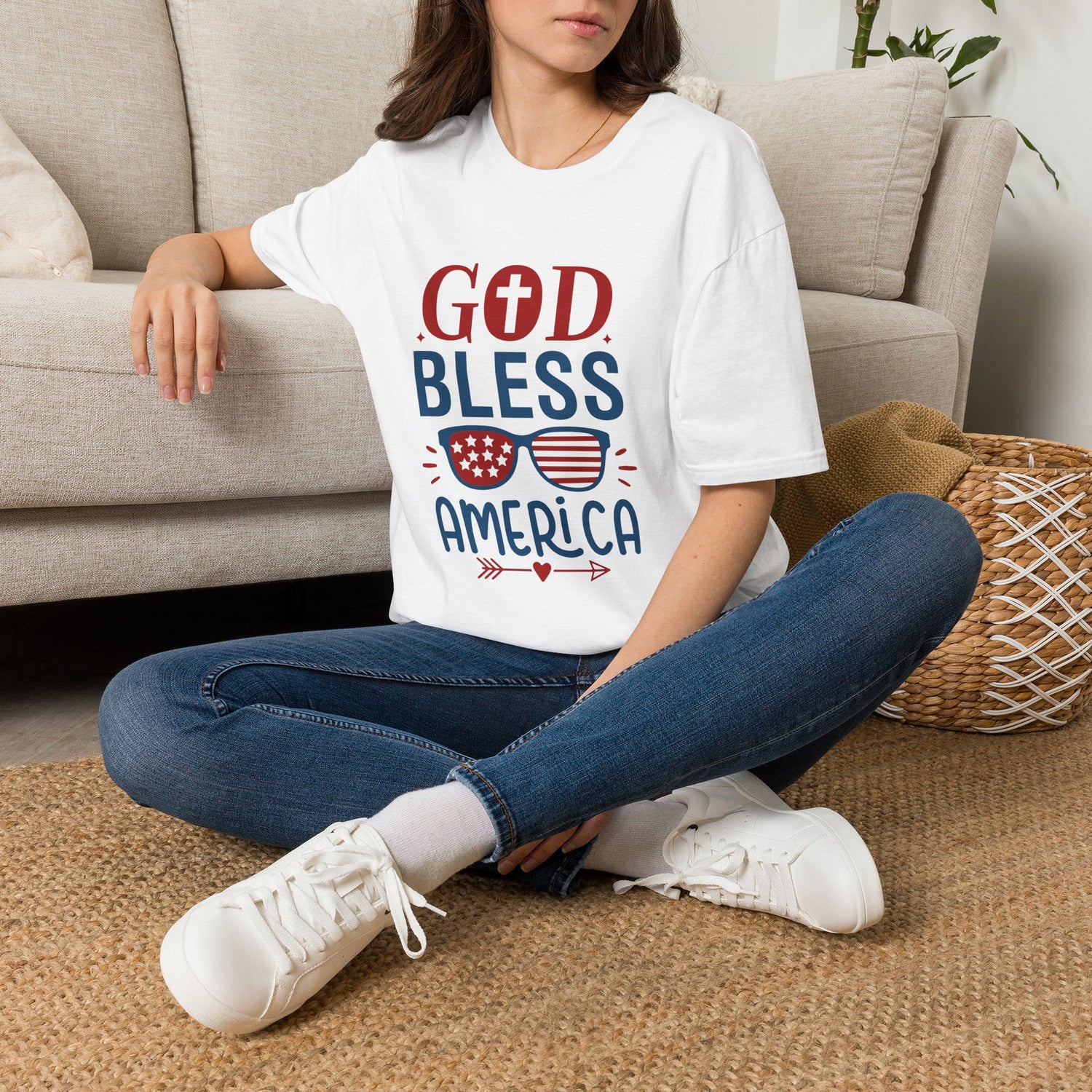 God Bless America T-Shirt — Patriotic Christian Tee with Cross & Flag Graphics - Bold Printed Tees