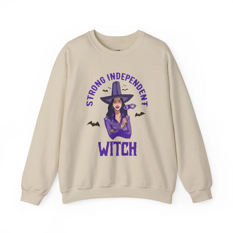 Strong Independent Witch Crewneck Sweatshirt | Halloween Cozy Graphic Pullover - Bold Printed Tees