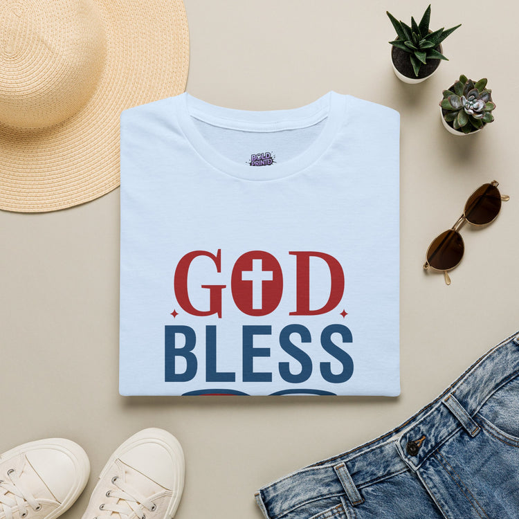 God Bless America T-Shirt — Patriotic Christian Tee with Cross & Flag Graphics - Bold Printed Tees