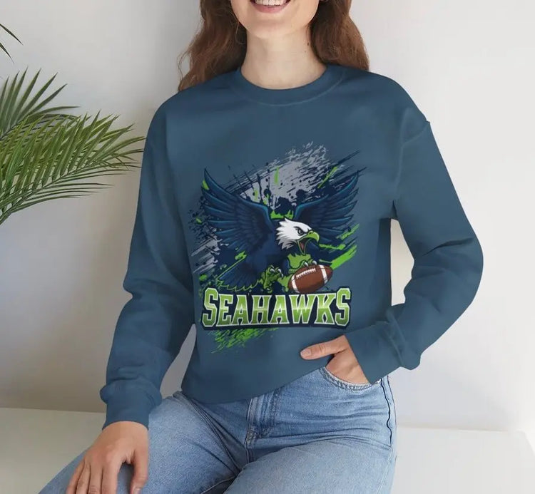 Fierce Hawk Seattle Football Seahawks Crewneck Sweatshirt - Bold Printed Tees