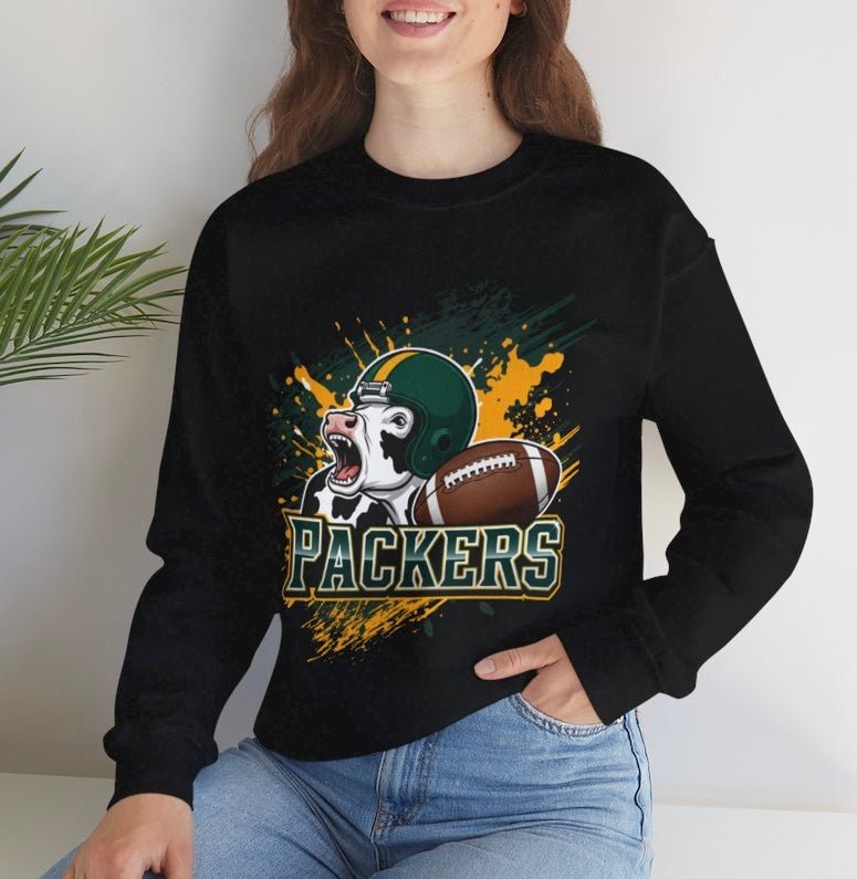 Packers Football Cow Green Bay Crewneck Sweatshirt - Bold Printed Tees