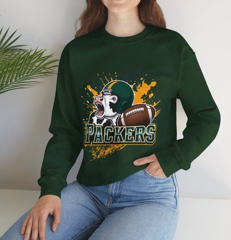 Packers Football Cow Green Bay Crewneck Sweatshirt - Bold Printed Tees