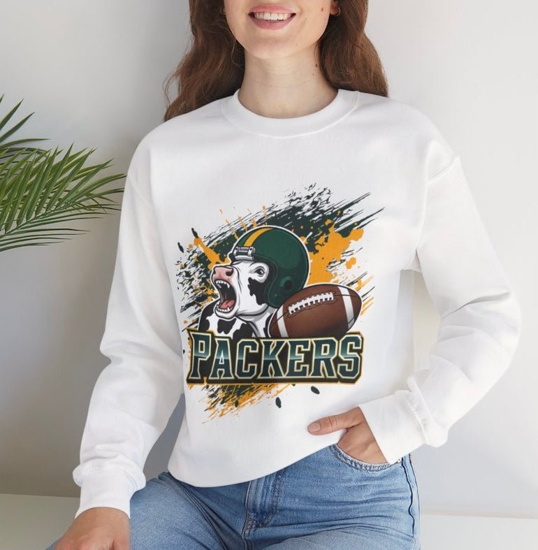 Packers Football Cow Green Bay Crewneck Sweatshirt - Bold Printed Tees
