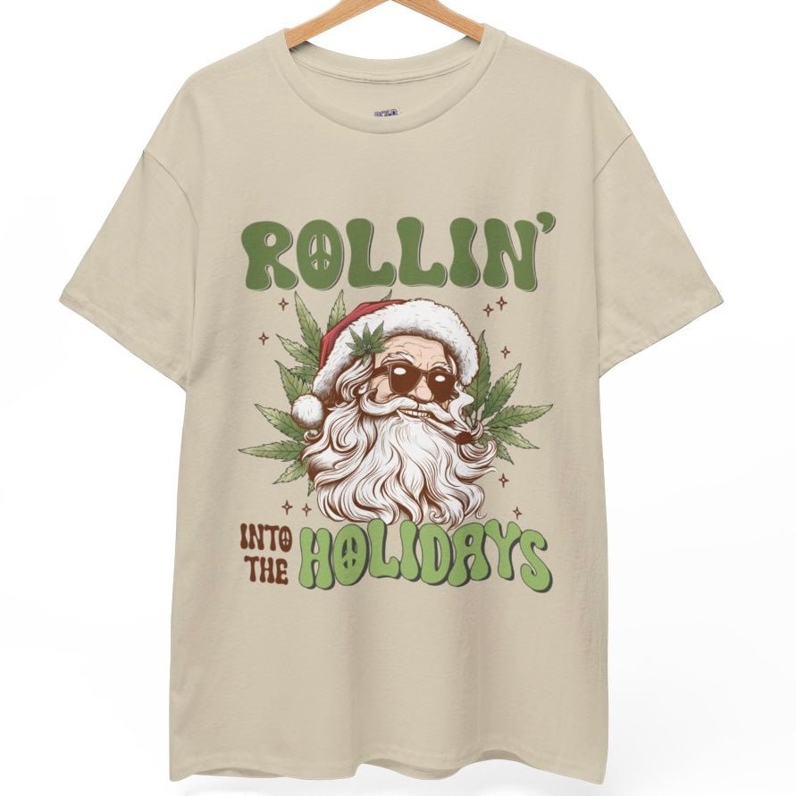 Rollin’ Into The Holidays Santa T-Shirt Christmas Stoner Graphic Tee - Bold Printed Tees