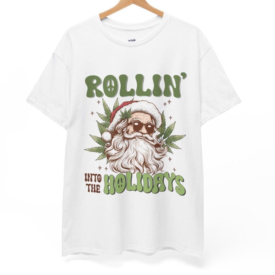 Rollin’ Into The Holidays Santa T-Shirt Christmas Stoner Graphic Tee - Bold Printed Tees