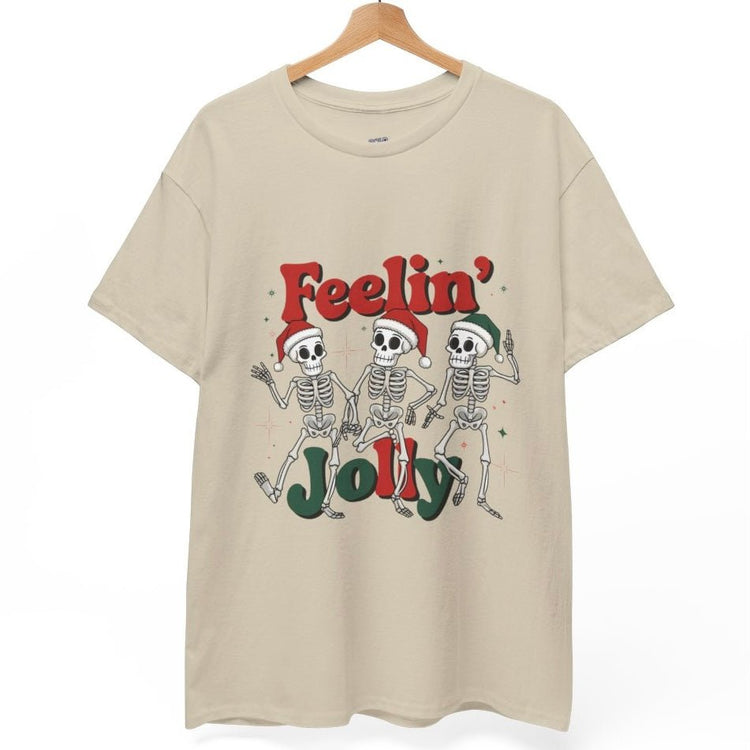 Feelin’ Jolly Skeleton Holiday Christmas Themed T-Shirt - Bold Printed Tees