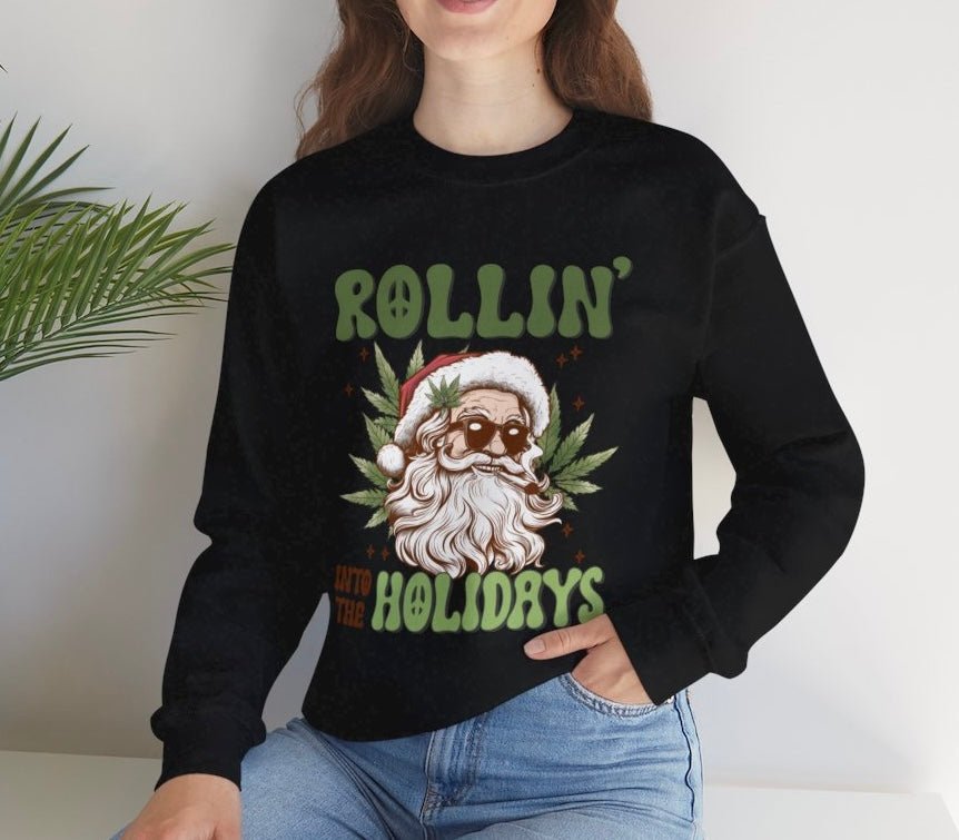 Rollin Into The Holidays Funny Stoner Santa Christmas Sweatshirt - Bold Printed Tees