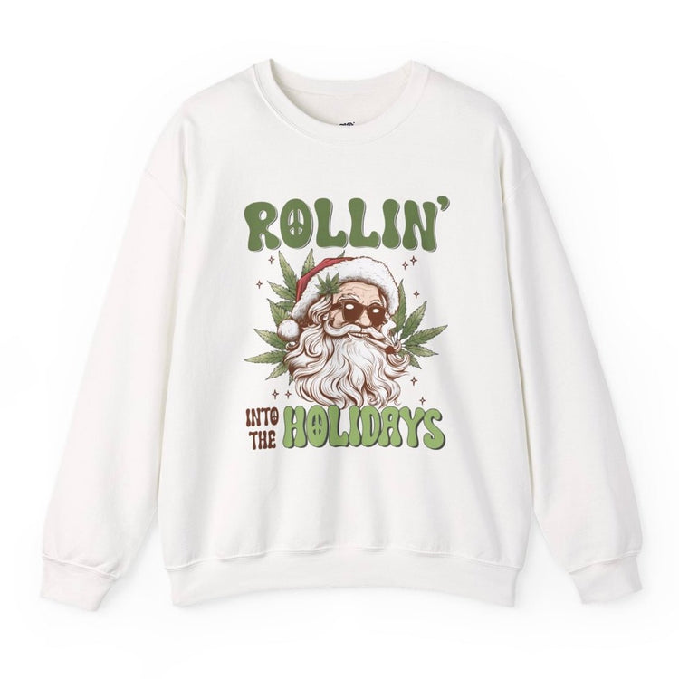 Rollin Into The Holidays Funny Stoner Santa Christmas Sweatshirt - Bold Printed Tees