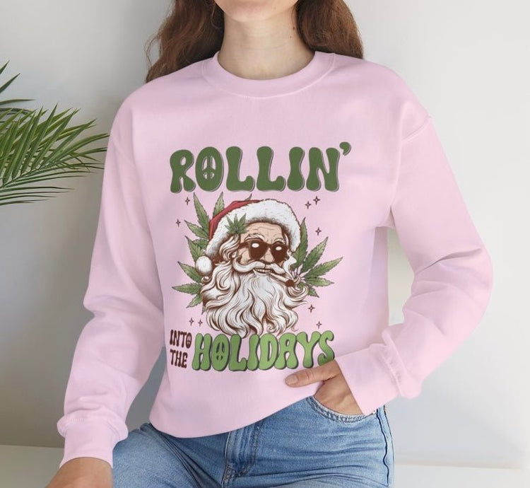 Rollin Into The Holidays Funny Stoner Santa Christmas Sweatshirt - Bold Printed Tees