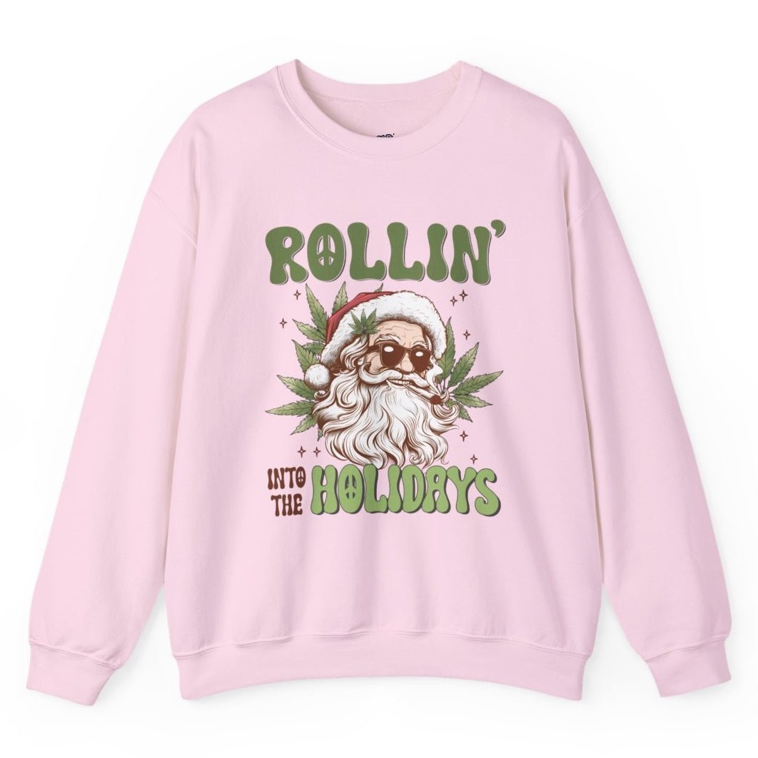 Rollin Into The Holidays Funny Stoner Santa Christmas Sweatshirt - Bold Printed Tees