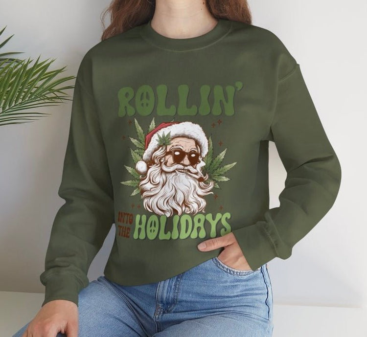 Rollin Into The Holidays Funny Stoner Santa Christmas Sweatshirt - Bold Printed Tees