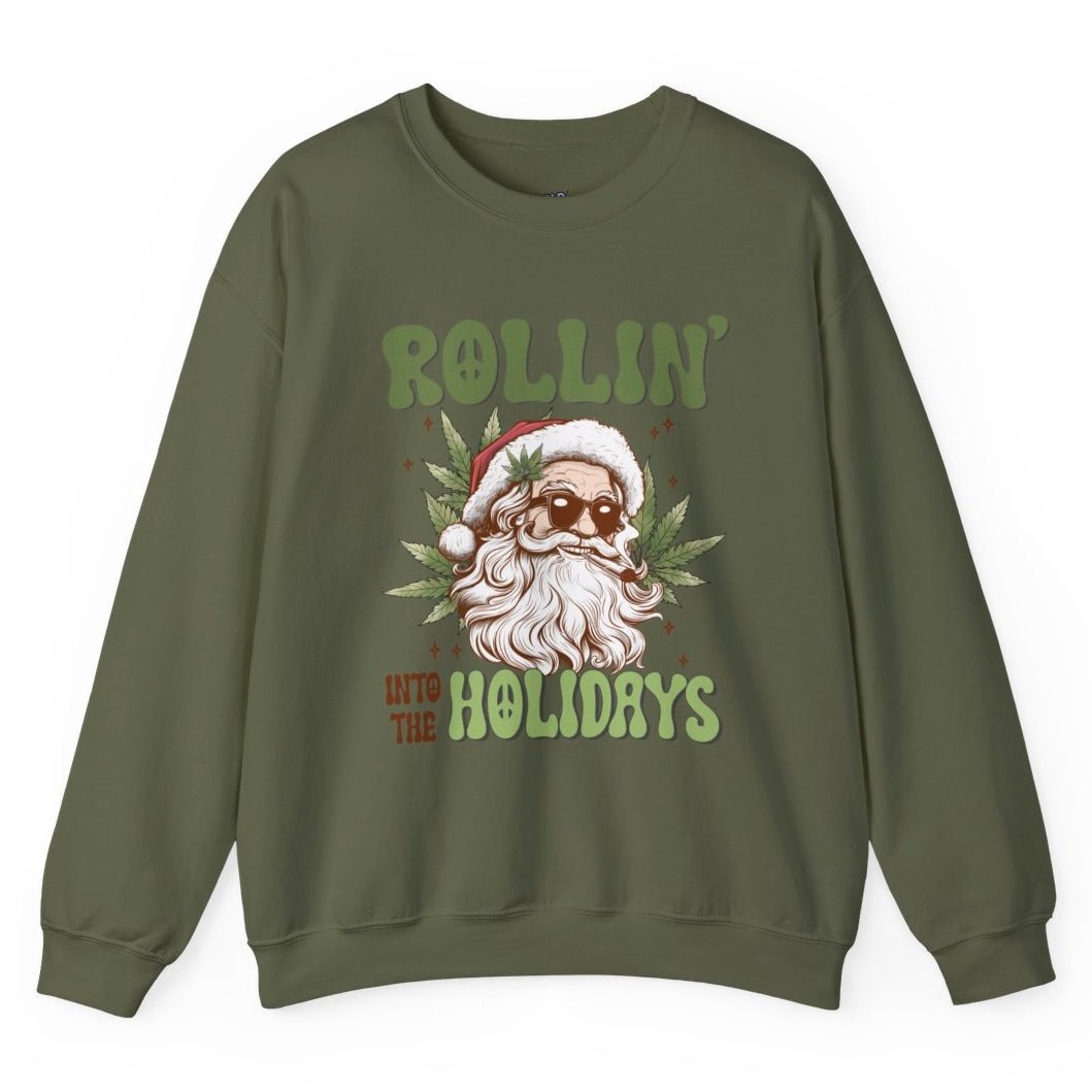 Rollin Into The Holidays Funny Stoner Santa Christmas Sweatshirt - Bold Printed Tees