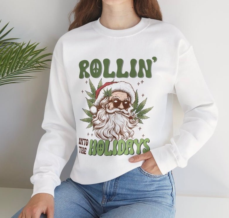 Rollin Into The Holidays Funny Stoner Santa Christmas Sweatshirt - Bold Printed Tees