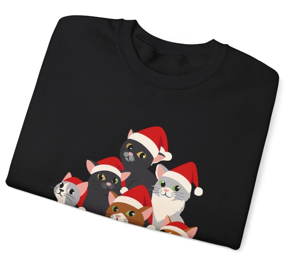 Christmas Cat Crewneck Sweatshirt | Festive Holiday Cats in Santa Hats - Bold Printed Tees