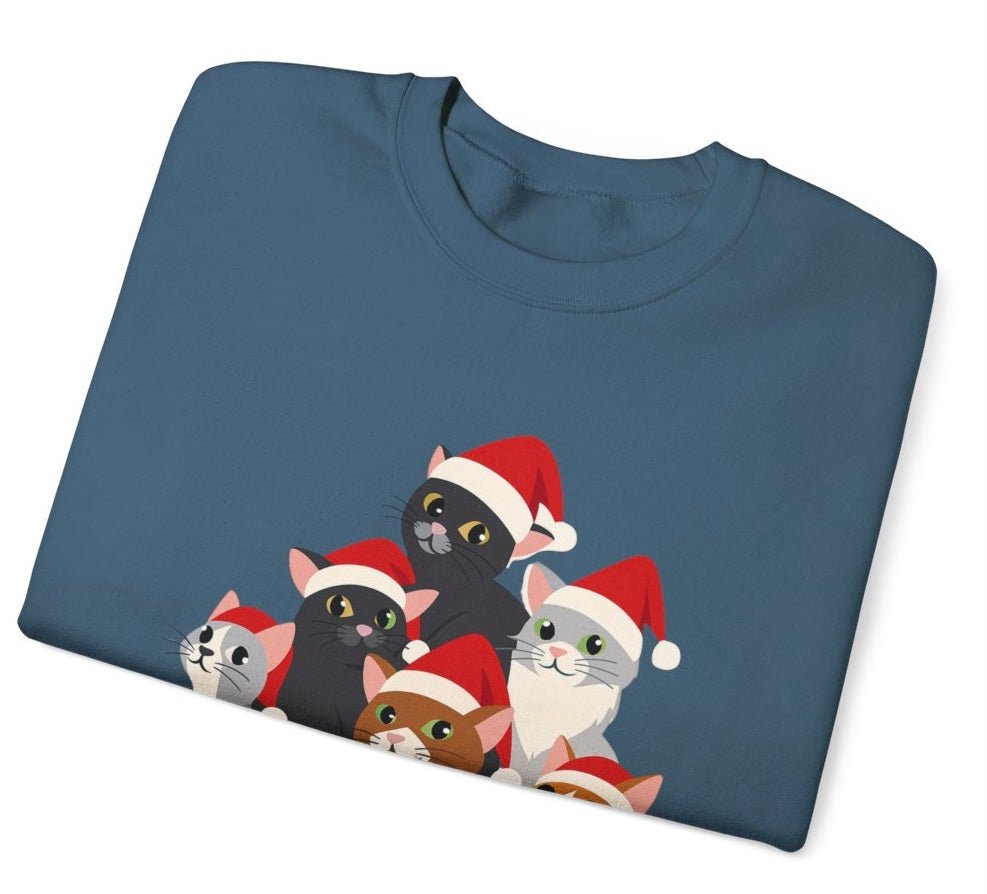 Christmas Cat Crewneck Sweatshirt | Festive Holiday Cats in Santa Hats - Bold Printed Tees