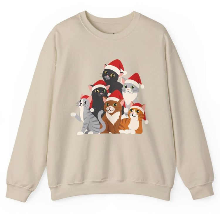 Christmas Cat Crewneck Sweatshirt | Festive Holiday Cats in Santa Hats - Bold Printed Tees