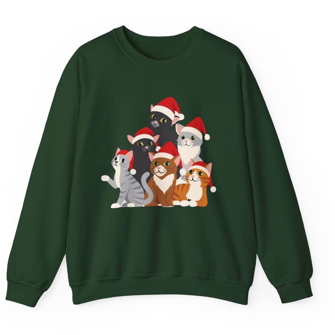 Christmas Cat Crewneck Sweatshirt | Festive Holiday Cats in Santa Hats - Bold Printed Tees