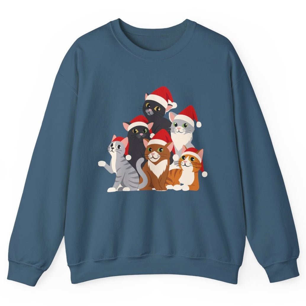 Christmas Cat Crewneck Sweatshirt | Festive Holiday Cats in Santa Hats - Bold Printed Tees