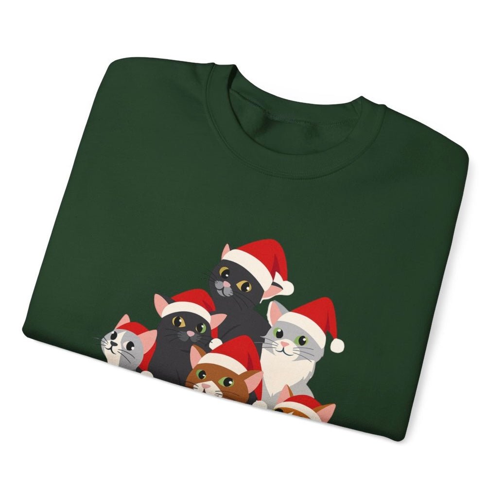 Christmas Cat Crewneck Sweatshirt | Festive Holiday Cats in Santa Hats - Bold Printed Tees
