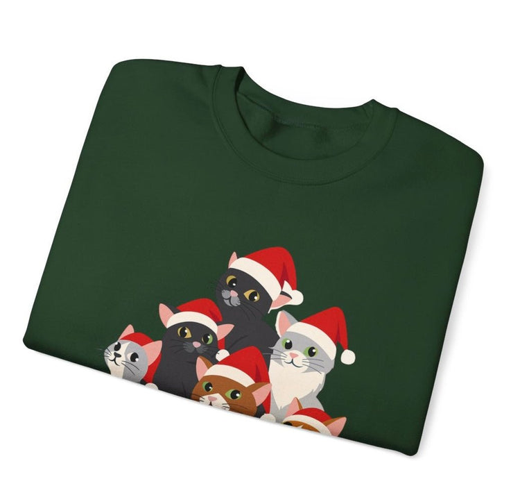 Christmas Cat Crewneck Sweatshirt | Festive Holiday Cats in Santa Hats - Bold Printed Tees