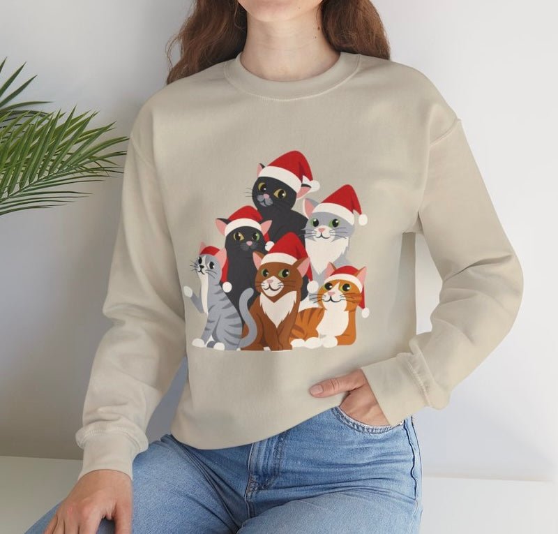 Christmas Cat Crewneck Sweatshirt | Festive Holiday Cats in Santa Hats - Bold Printed Tees