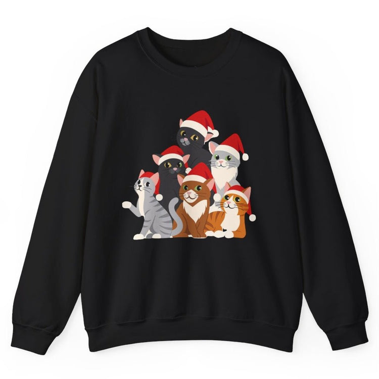 Christmas Cat Crewneck Sweatshirt | Festive Holiday Cats in Santa Hats - Bold Printed Tees