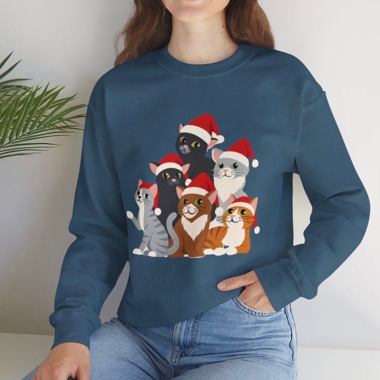 Christmas Cat Crewneck Sweatshirt | Festive Holiday Cats in Santa Hats - Bold Printed Tees