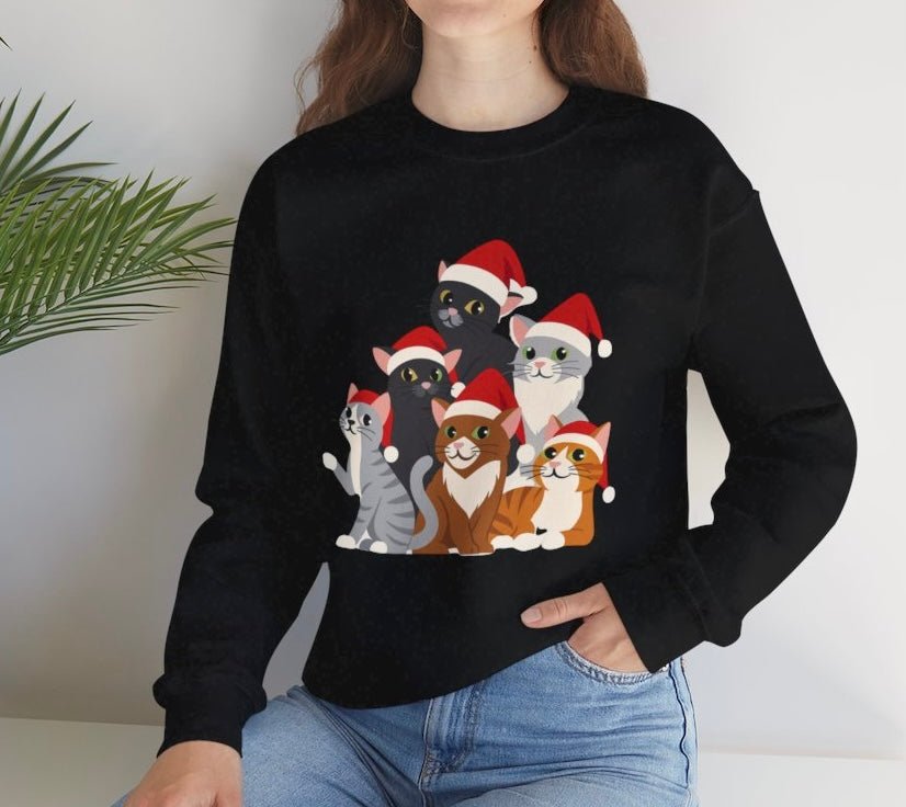 Christmas Cat Crewneck Sweatshirt | Festive Holiday Cats in Santa Hats - Bold Printed Tees
