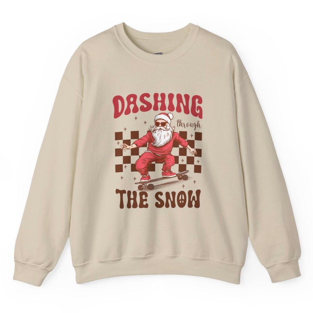 Dashing Through The Snow Skateboarding Santa Holiday Christmas Crewneck - Bold Printed Tees