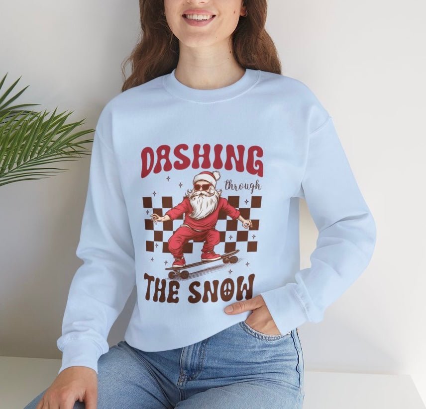 Dashing Through The Snow Skateboarding Santa Holiday Christmas Crewneck - Bold Printed Tees