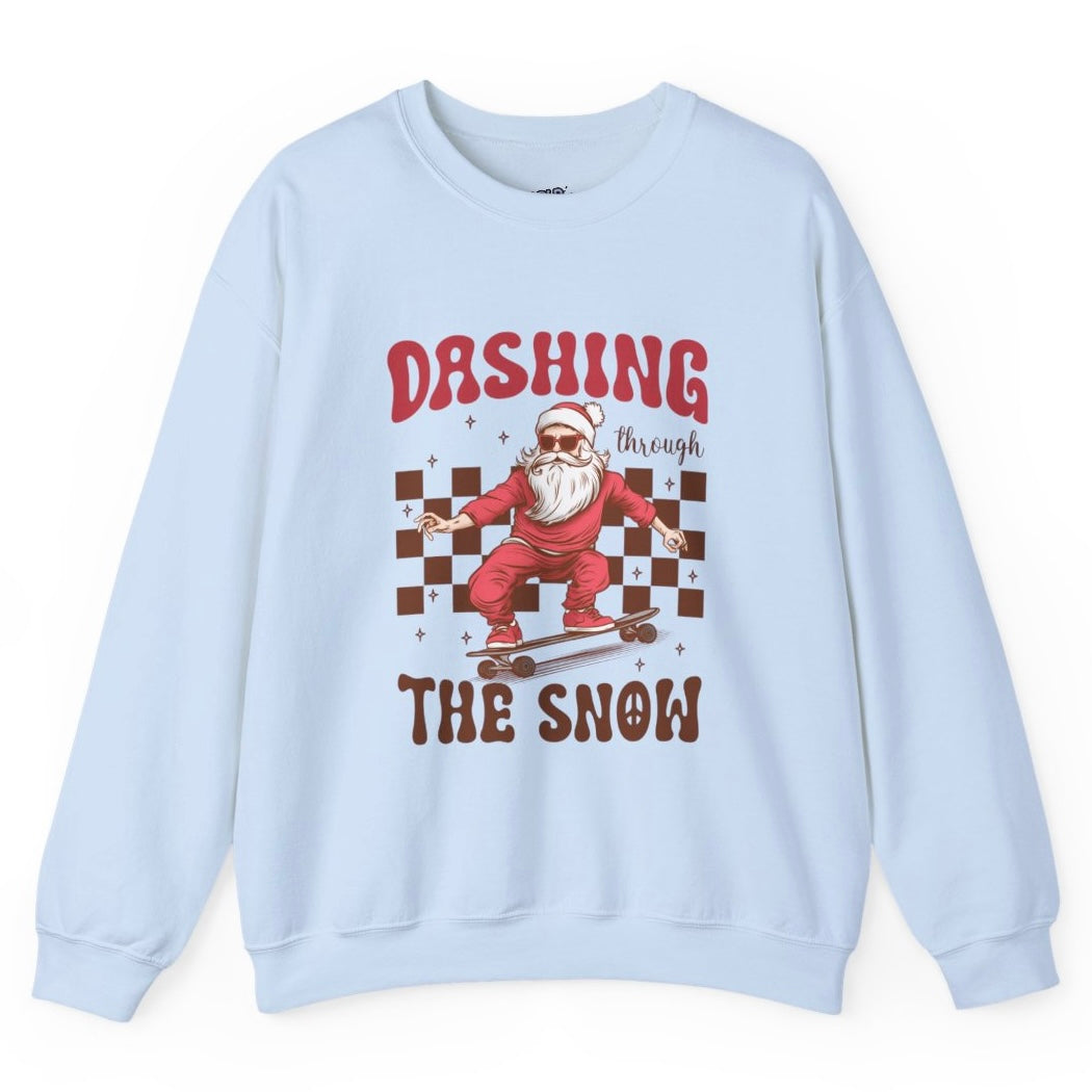 Dashing Through The Snow Skateboarding Santa Holiday Christmas Crewneck - Bold Printed Tees