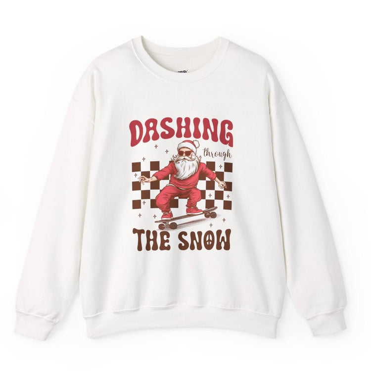 Dashing Through The Snow Skateboarding Santa Holiday Christmas Crewneck - Bold Printed Tees