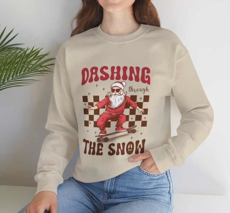 Dashing Through The Snow Skateboarding Santa Holiday Christmas Crewneck - Bold Printed Tees