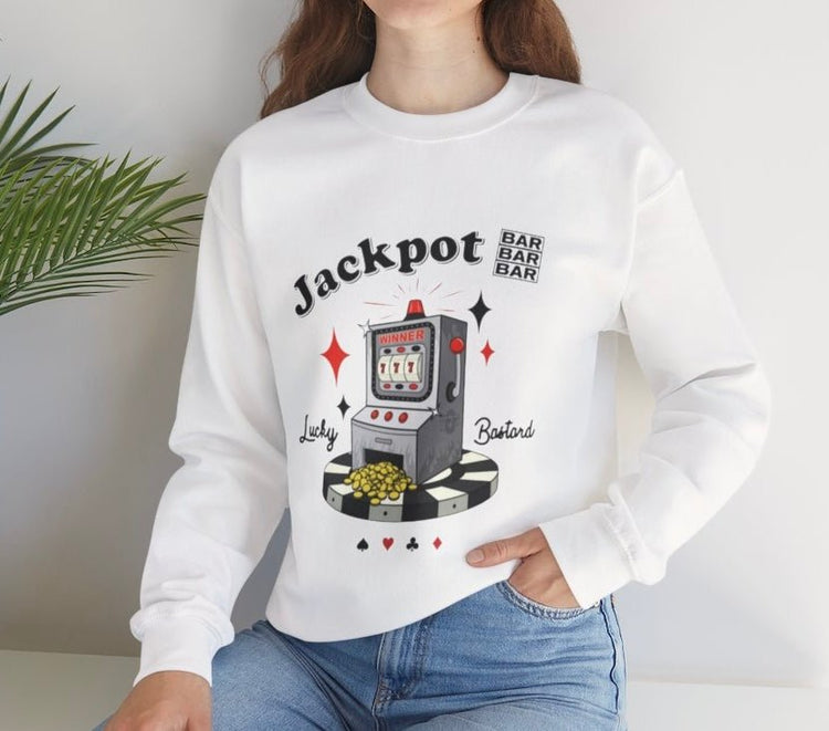 Jackpot Lucky Bastard Slot Machine Crewneck Sweatshirt - Bold Printed Tees