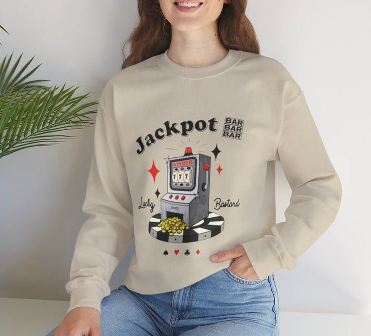 Jackpot Lucky Bastard Slot Machine Crewneck Sweatshirt - Bold Printed Tees