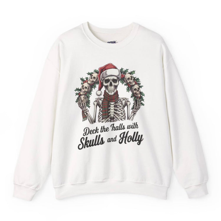 Deck the Halls with Skulls and Holly Skeleton Christmas Crewneck - Bold Printed Tees