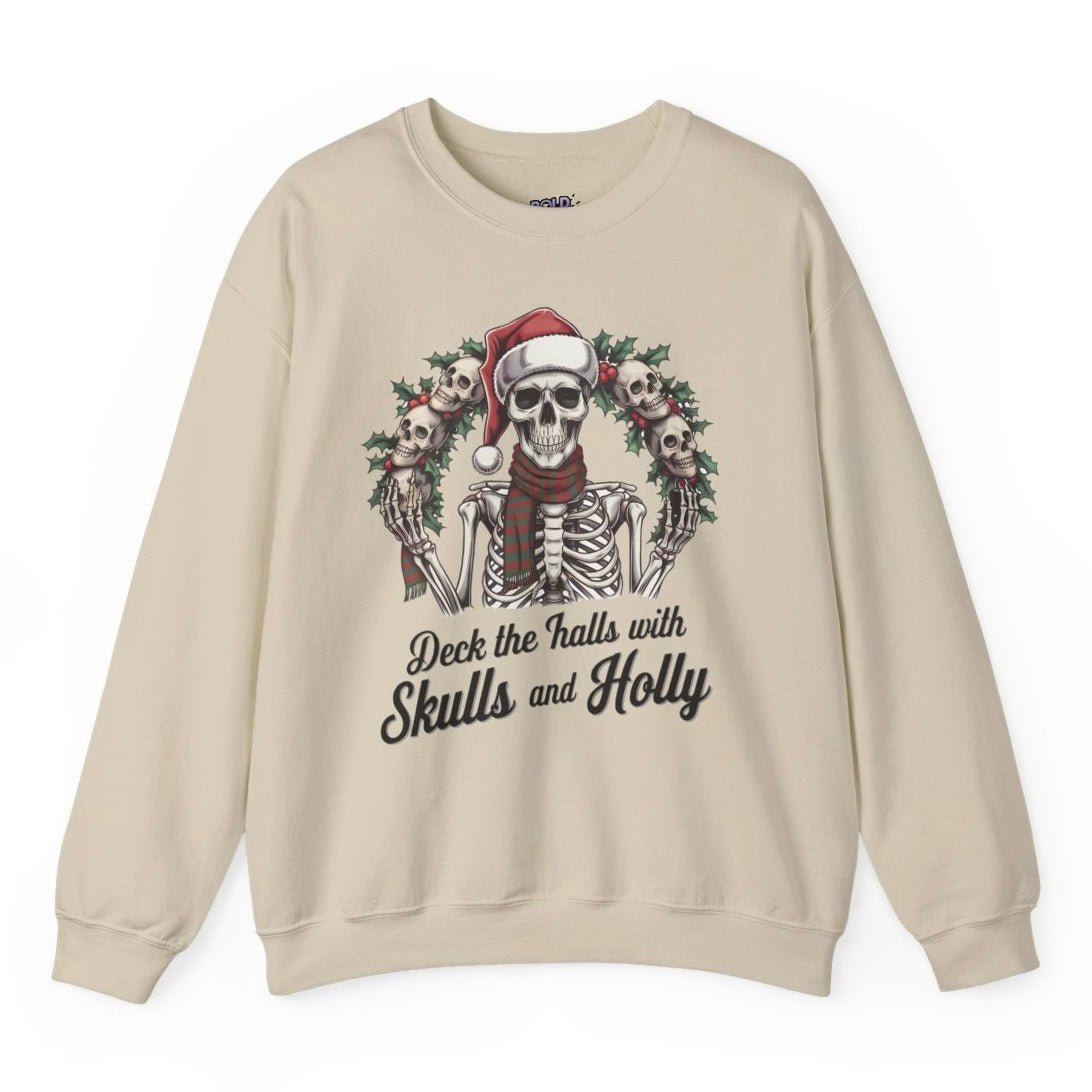 Deck the Halls with Skulls and Holly Skeleton Christmas Crewneck - Bold Printed Tees