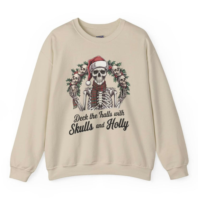 Deck the Halls with Skulls and Holly Skeleton Christmas Crewneck - Bold Printed Tees
