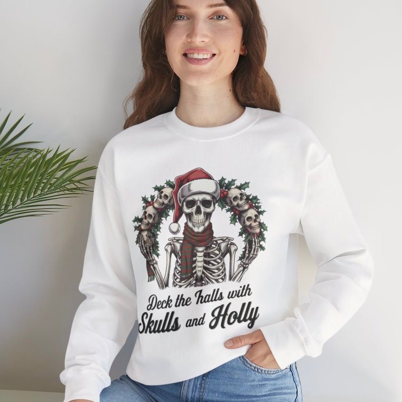 Deck the Halls with Skulls and Holly Skeleton Christmas Crewneck - Bold Printed Tees