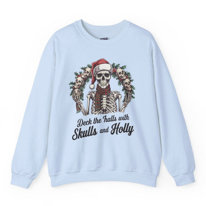 Deck the Halls with Skulls and Holly Skeleton Christmas Crewneck - Bold Printed Tees