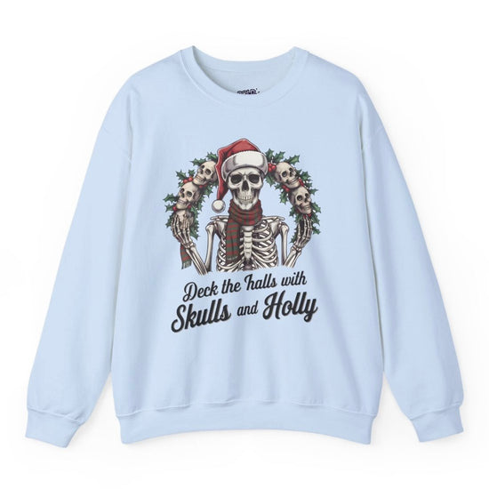 Deck the Halls with Skulls and Holly Skeleton Christmas Crewneck - Bold Printed Tees