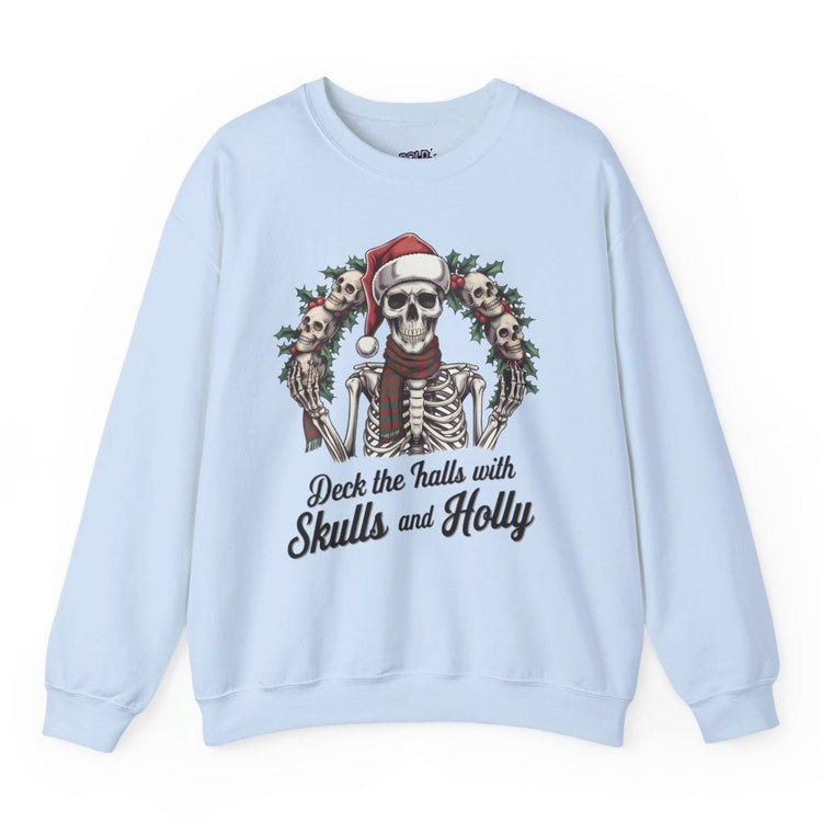 Deck the Halls with Skulls and Holly Skeleton Christmas Crewneck - Bold Printed Tees