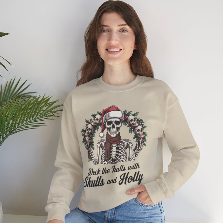 Deck the Halls with Skulls and Holly Skeleton Christmas Crewneck - Bold Printed Tees
