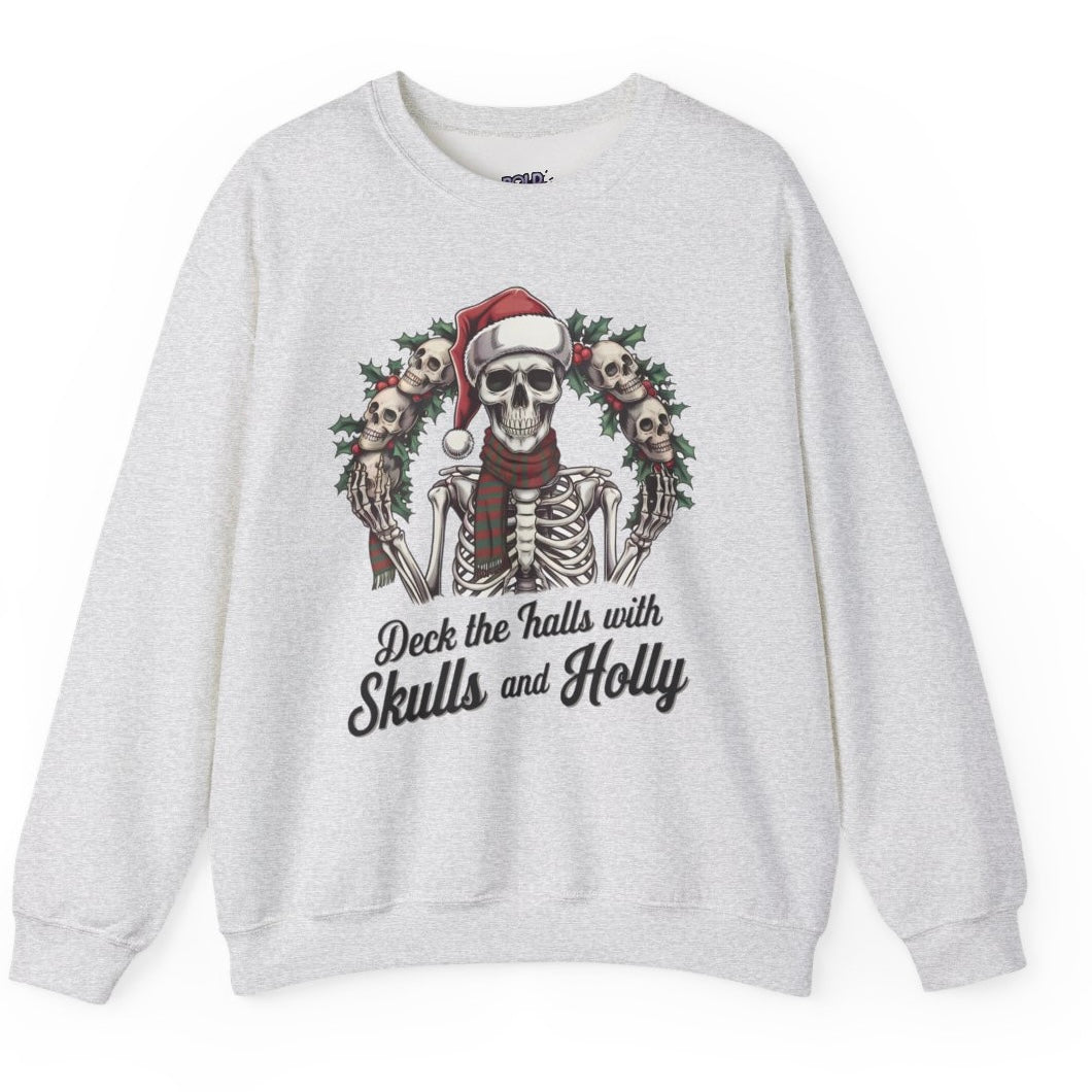 Deck the Halls with Skulls and Holly Skeleton Christmas Crewneck - Bold Printed Tees
