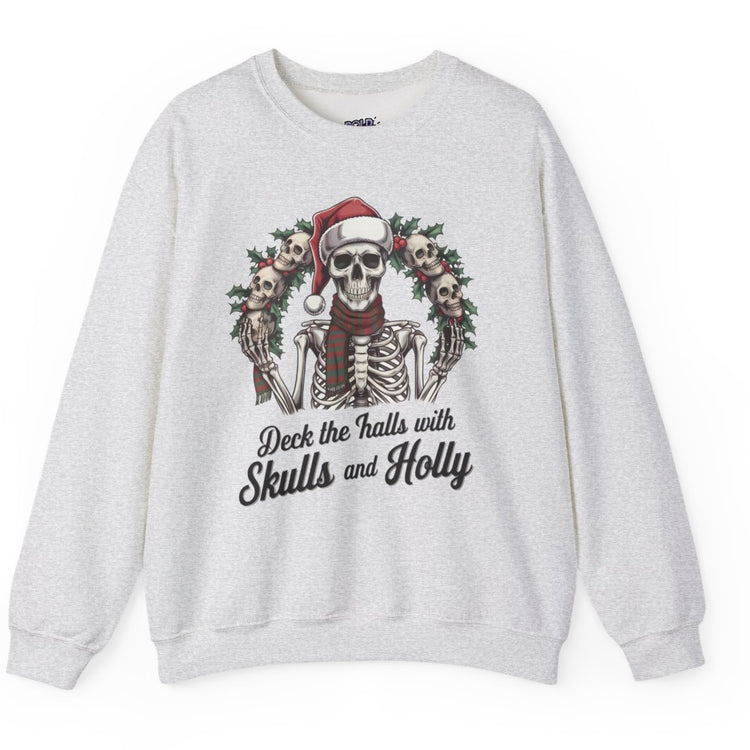 Deck the Halls with Skulls and Holly Skeleton Christmas Crewneck - Bold Printed Tees