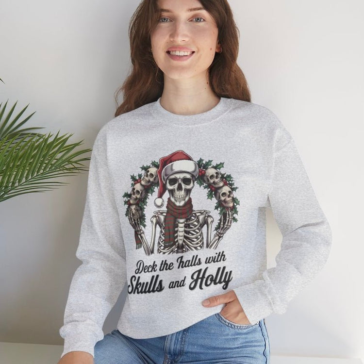 Deck the Halls with Skulls and Holly Skeleton Christmas Crewneck - Bold Printed Tees